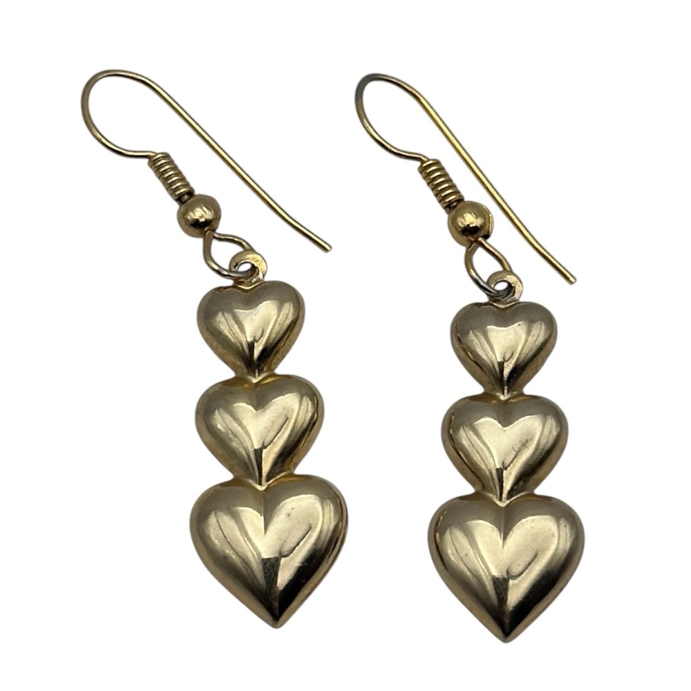 Vintage Triple Heart Dangle Drop Earrings Pierced Gold Tone Valentines Day Love
